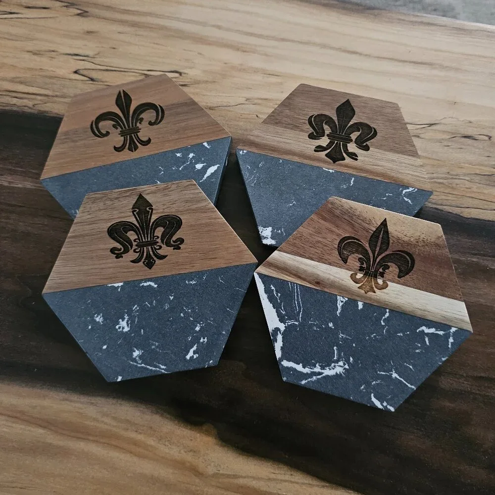 Fleur de Lis Acacia Wood/Marble Coaster Set of 4 pieces: White or Black